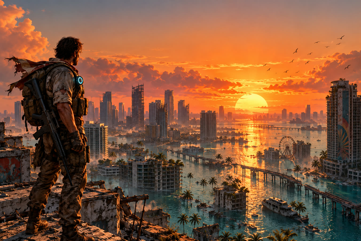 Survivor above the drowned Miami skyline at sunset